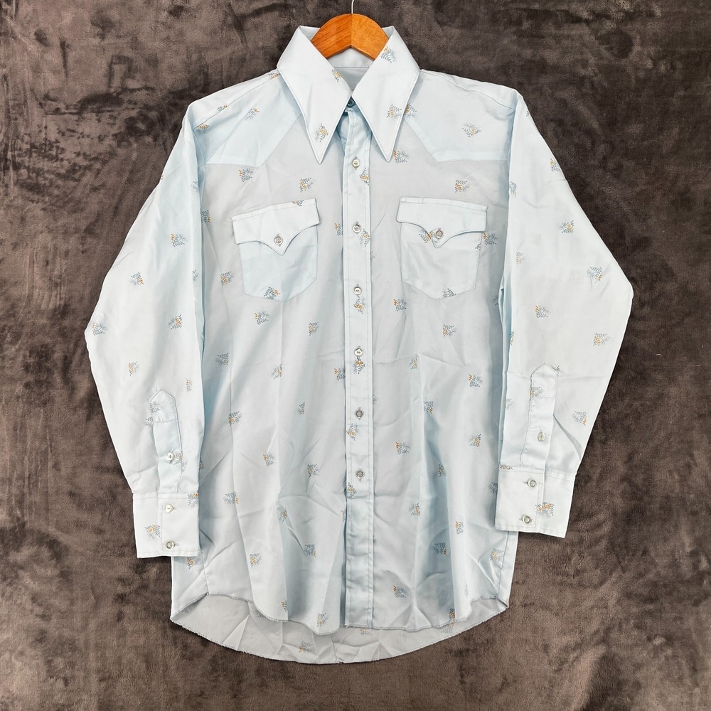 VTG 70s Prior Western Wear Shirt Adult Medium Blue Paisley Cowboy Thin Fabric